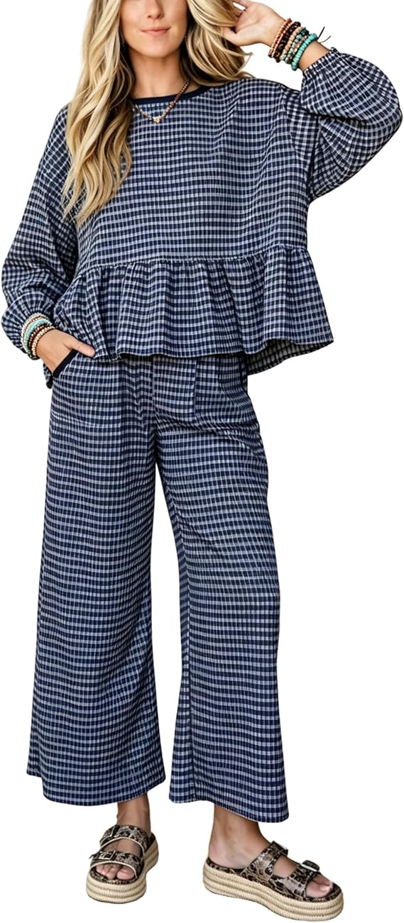 APAFES Womens Gingham 2 Piece Outfits Lounge Matching Pants Sets | Amazon (US)