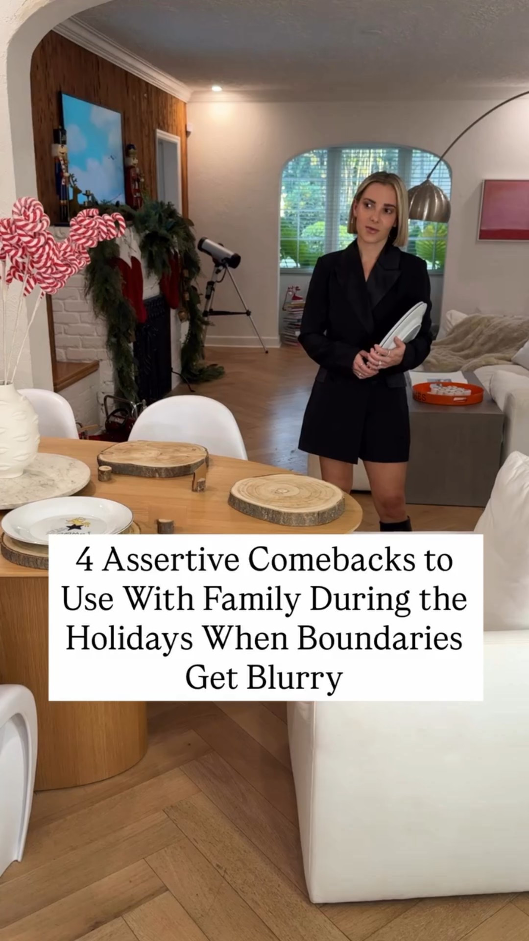 A well set table + well set boundaries = your peace. Comment Furniture for links & pieces are from @cityfurniture 

Want more scripts? Comment Assertive & I’ll send you to my member’s area where you can learn all the words & tips you need to help you take back your power this holiday season.

And comment OUTFIT for a link to this black blazer romper (not a dress).