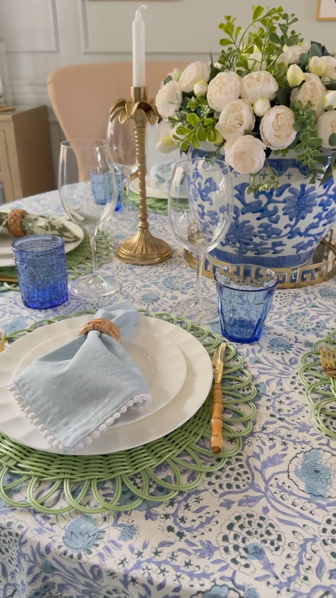 Chic green and blue details perfect for spring and summer entertaining! Layer block prints, woven accents, gold, florals and blue and white chinoiserie for a stunning look!

#LTKhome #LTKstyletip