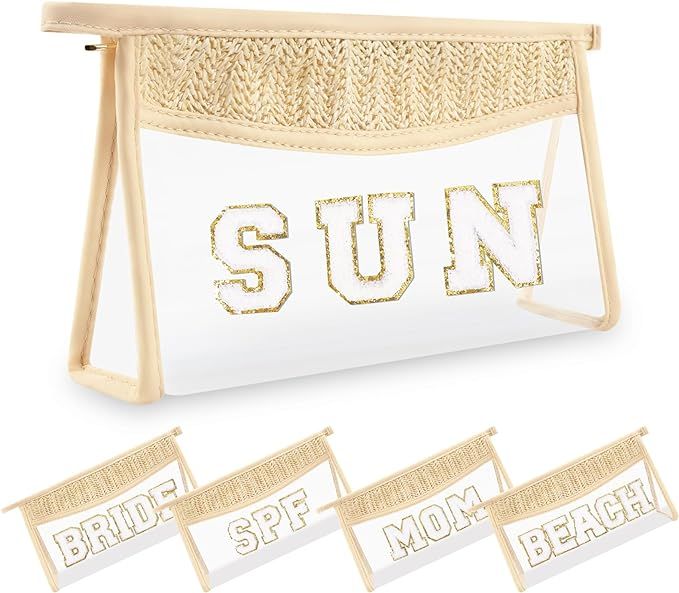 Small Boho Straw Clear Sun Makeup Bags for Women&Girls, Zipper Cosmetic Bag Chenille Varsity Lett... | Amazon (US)