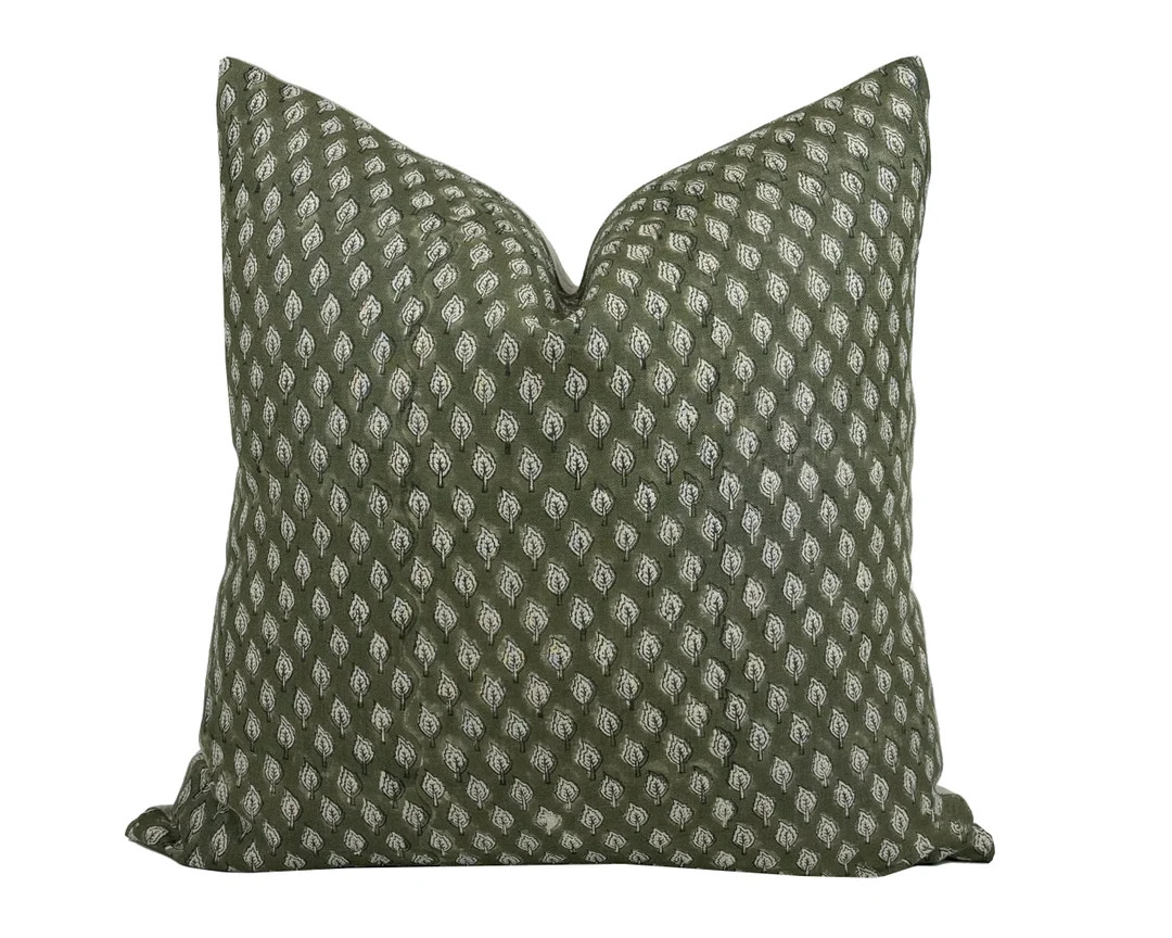 OLIVE | Designer Olive Green Linen Pillow Cover, Block Print Pillow, Farmhouse Pillow, Designer P... | Etsy (US)