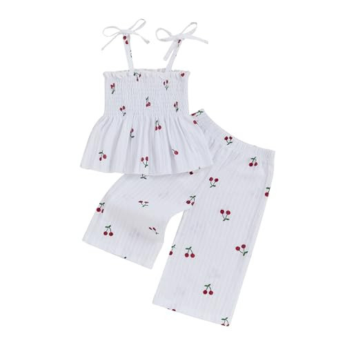 JLKGICF Toddler Baby Girl Summer Clothes Cherry Sleeveless Camisole Smocked Crop Tops Pants Cotton Linen 2Pcs Girls Outfit (Cherry White, 2-3T) | Amazon (US)