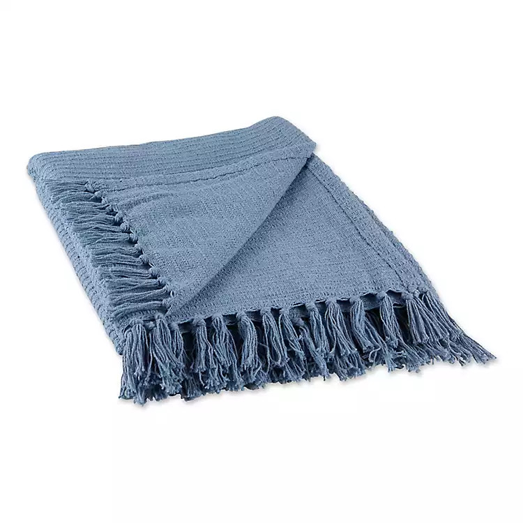 Stonewash Blue Ribbed Fringe Throw | Kirkland's Home