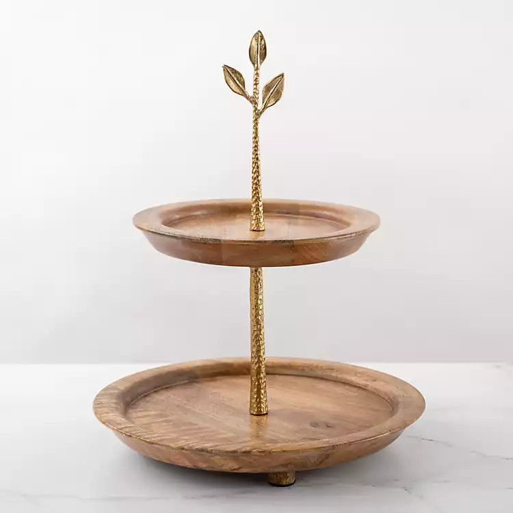 New! Gold Leaf 2-Tier Wood Serving Tray | Kirkland's Home
