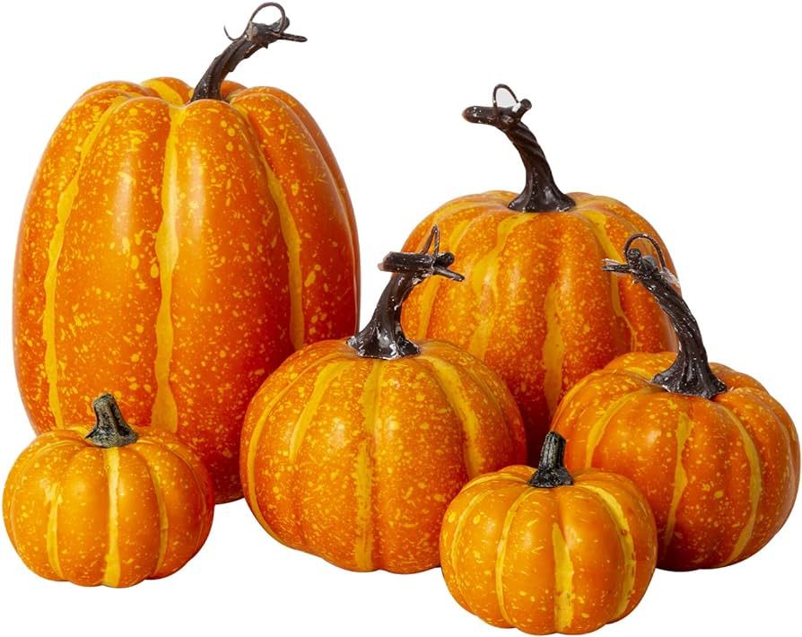 Oyydecor 6Pcs Assorted Sizes Artificial Pumpkins Decoration Harvest Fall Orange Pumpkins Fake Foa... | Amazon (US)