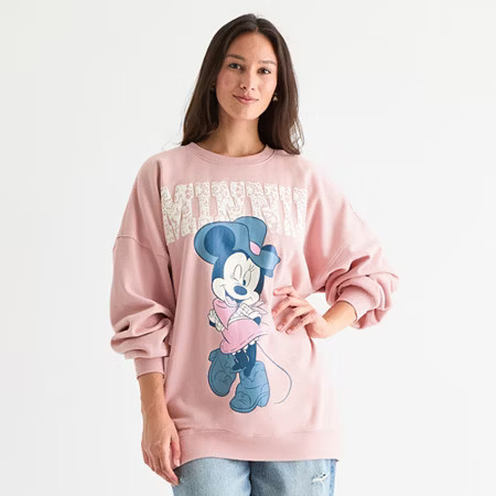 Womens Juniors Crew Neck Long Sleeve Mickey and Friends Minnie Mouse Sweatshirt, Small, Pink | JCPenney