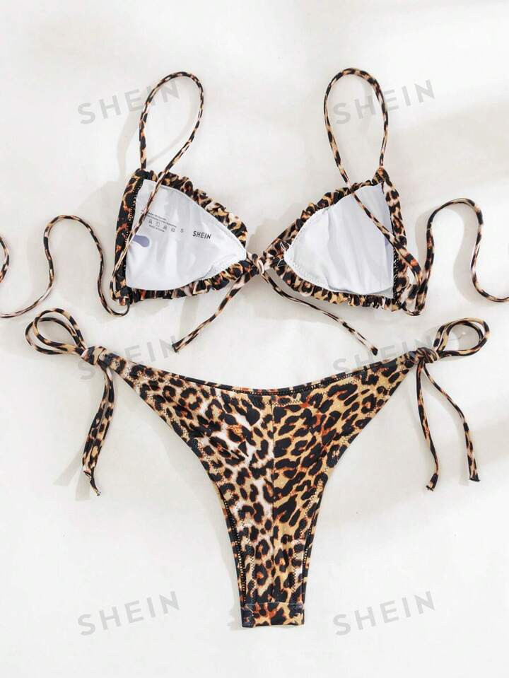 SHEIN Swim Summer Beach Leopard Print Bikini Set Frill Trim Triangle Bra & Tie Side Bottom 2 Piec... | SHEIN