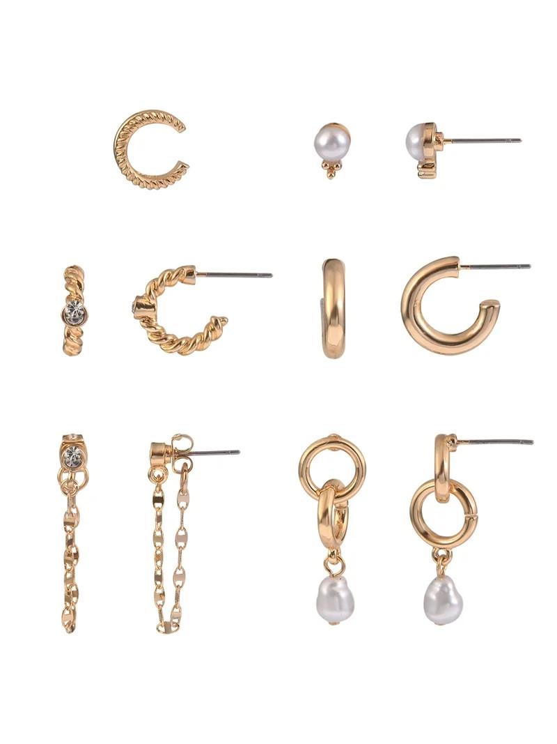 Time and Tru Adult Female Gold-Tone 5 Pair Acrylic Pearl Twist Texture Multi Stacker Earring Set | Walmart (US)