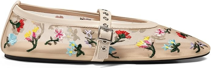 Coutgo Womens Mesh Mary Jane Flats Ballet Fishnet Ballerina Flats Buckle Strap Comfortable Causal... | Amazon (US)