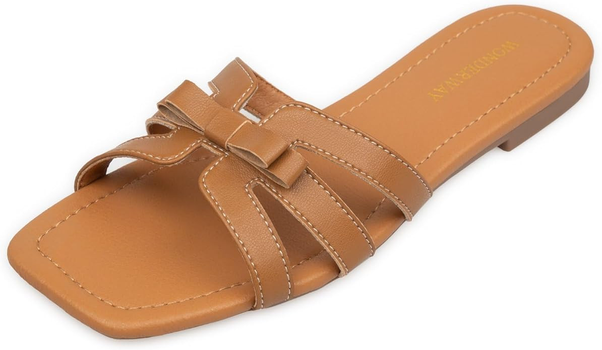 Women Bow Flat Sandals Dressy Sandals for Women Cute Comfortable Square Open Toe Slides Sandals | Amazon (US)