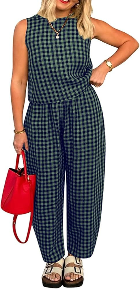 loveimgs Women 2 Piece Pants Set Lounge Summer Outfit Sleeveless Plaid Vest Tank Top Tracksuit Li... | Amazon (US)
