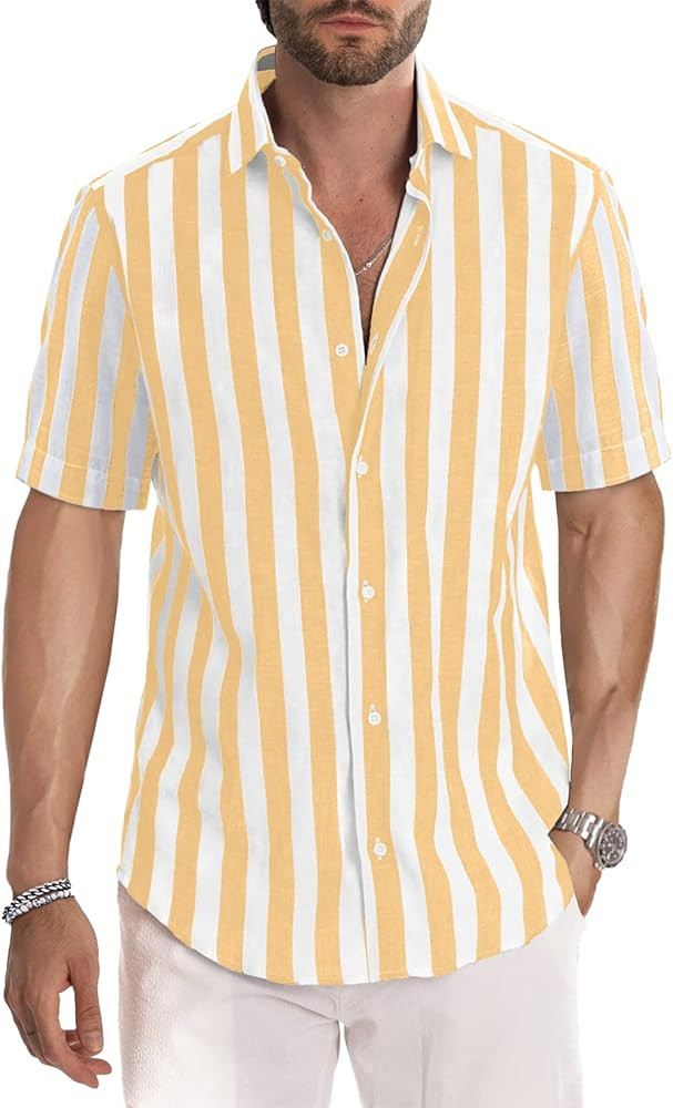 JMIERR Men's Casual Stylish Short Sleeve Button-Up Striped Dress Shirt Cotton Beach Shirts | Amazon (US)