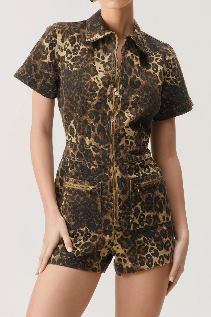 Denim Leopard Print Romper | Nasty Gal US