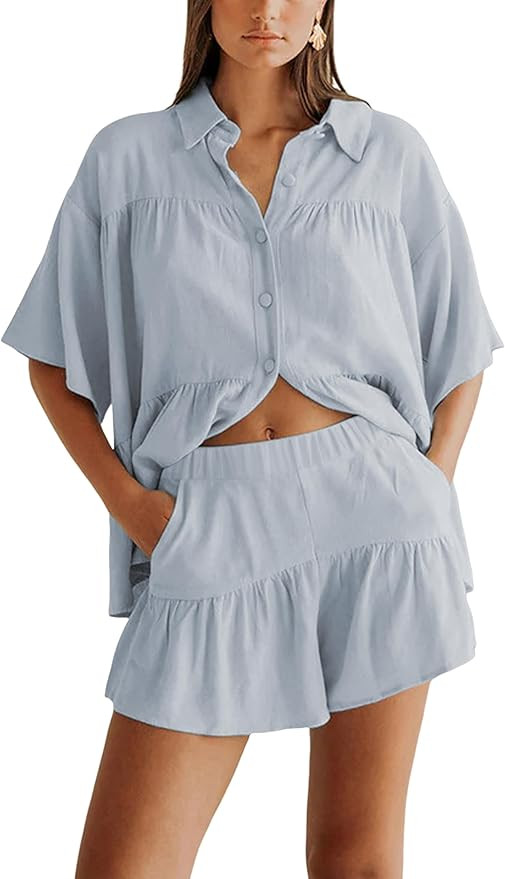 Qiaomai Womens 2 Piece Outfits Summer Ruffled Shirt and High Waist Shorts Matching Set | Amazon (US)