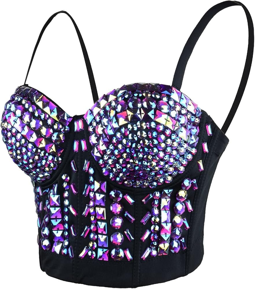 ELLACCI Women's Sexy Rhinestone Bustier Crop Top Club Party Glitter Corset Top Bra Purple | Amazon (US)