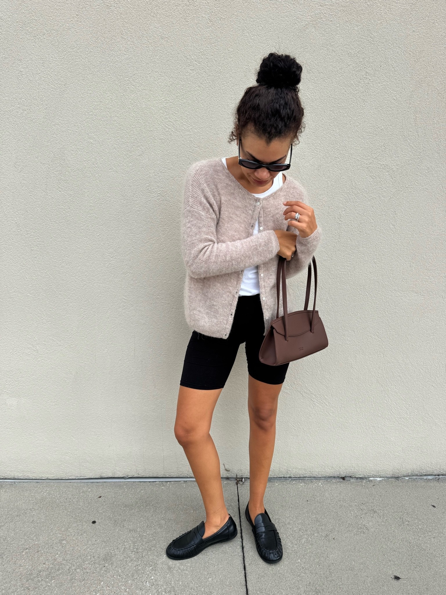 casual early fall outfit with biker shorts, loafers, a tank top, and cashmere cardigan

#LTKootd #LTKmomlife #LTKSeasonal