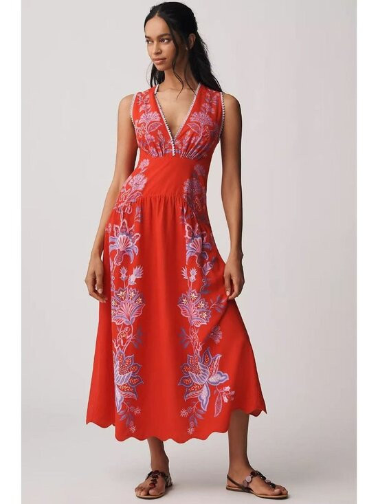 NWOT Farm Rio Porcelain Garden Red Linen A-Line Midi Dress Size S | Poshmark