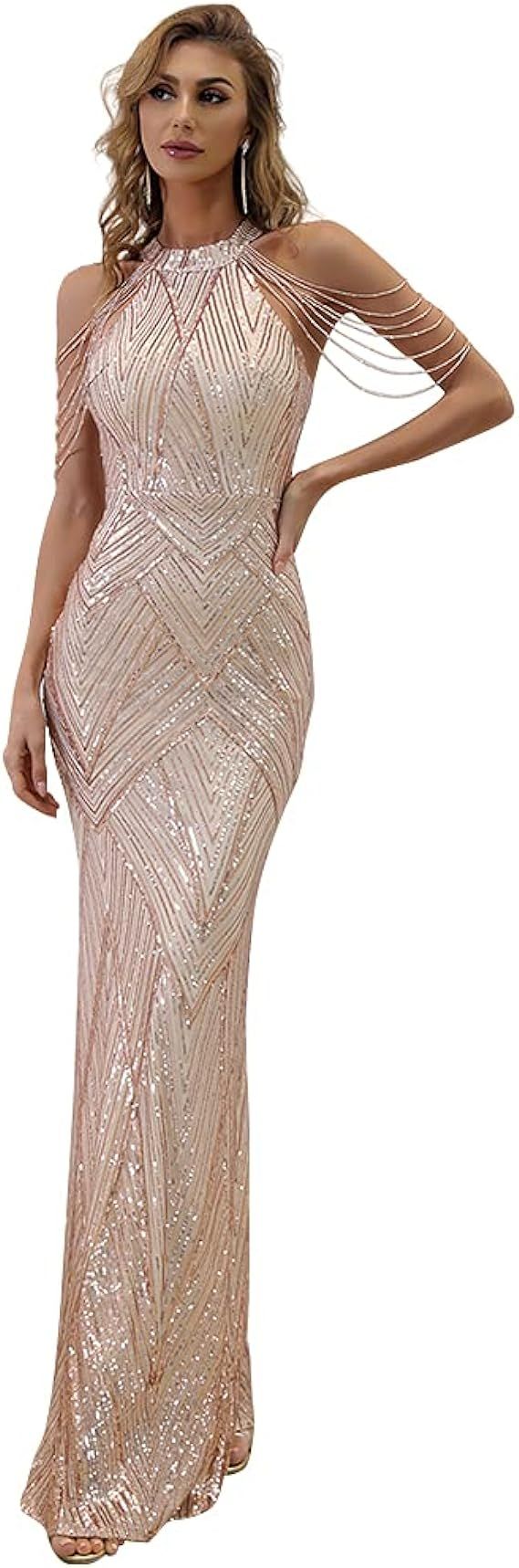 Miss ord Women's Formal Halter Sequin Tassel Bodycon Maxi Prom Dress, Elegant Mermaid Evening Gow... | Amazon (US)