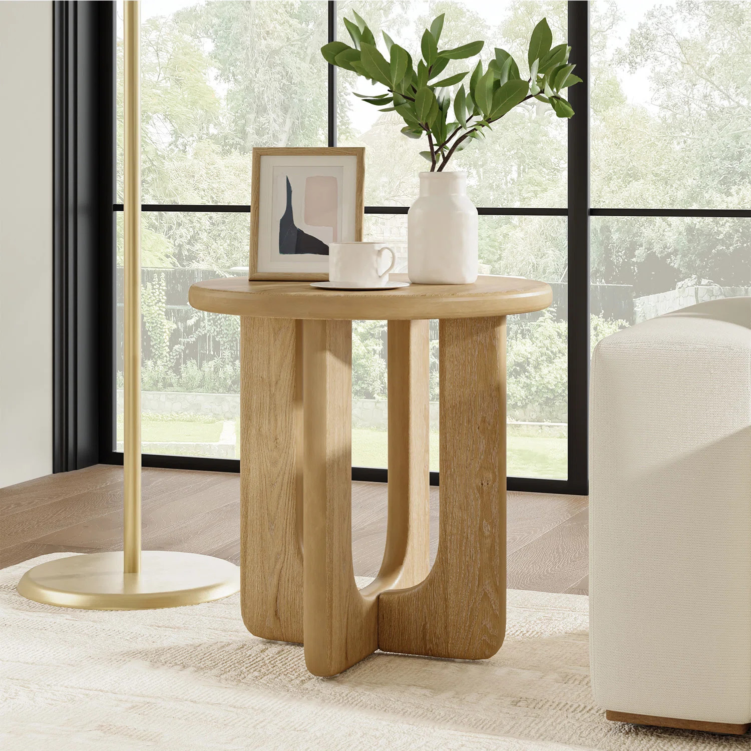 Evelio Modern 24"W Oak Veneer Top Round Side Table with Solid Wood Legs | Wayfair North America