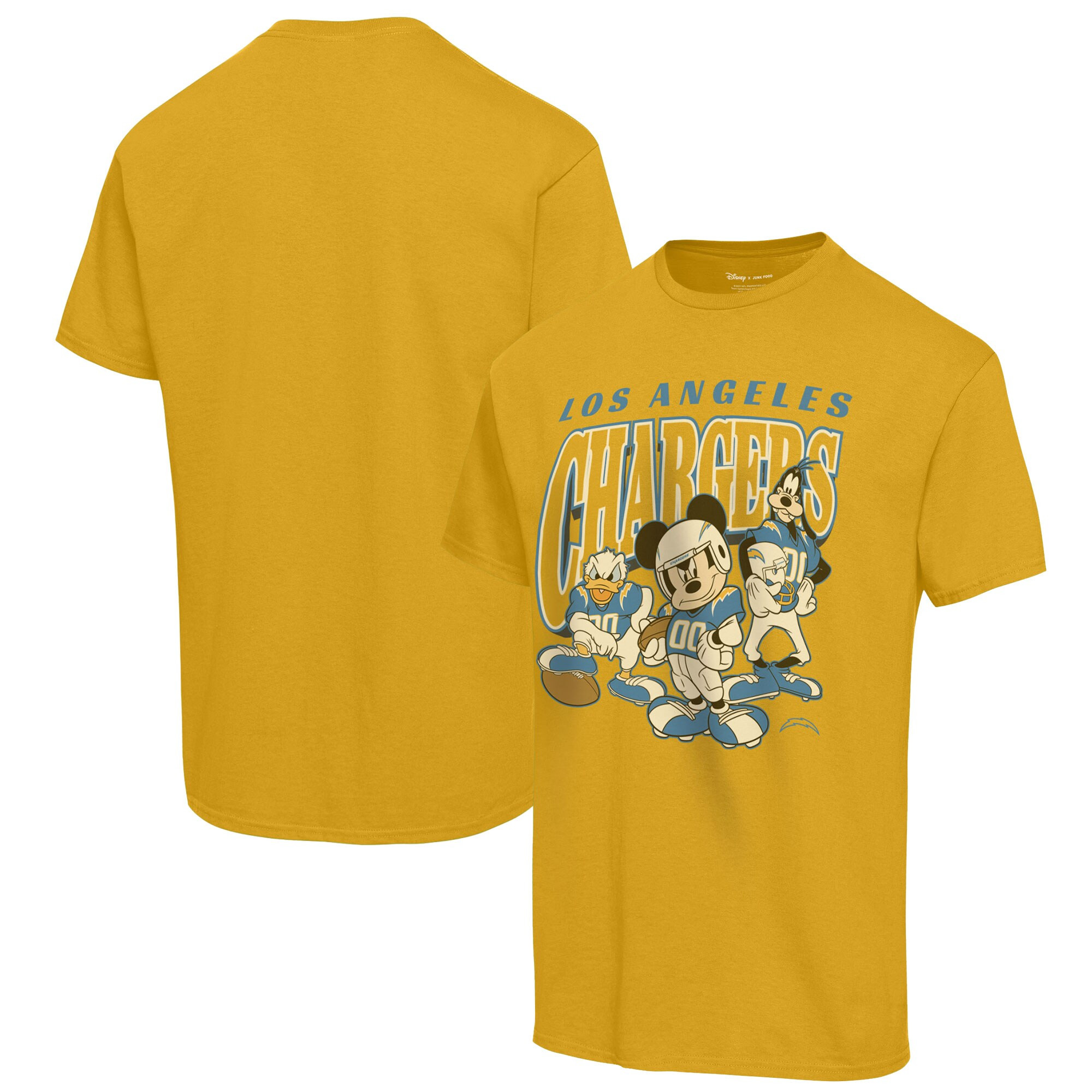Men's Los Angeles Chargers Junk Food Gold Disney Mickey Huddle T-Shirt | NFL Shop