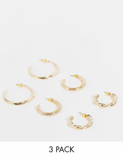 Topshop mixed twist and chunky 3 x multipack hoop earrings in gold | ASOS | ASOS (Global)