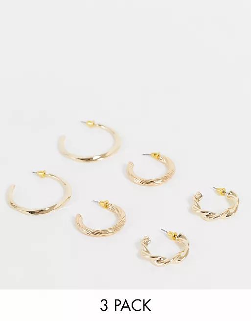 Topshop mixed twist and chunky 3 x multipack hoop earrings in gold | ASOS | ASOS (Global)