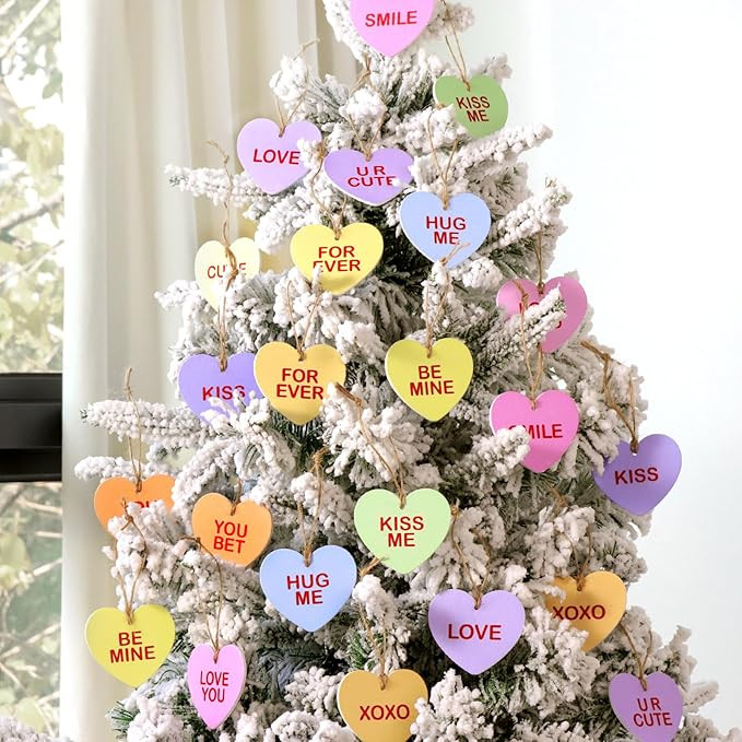 Valentines Day Decor Tree Decorations: 24pcs Wooden Candy Heart Tree Ornaments, Cute BE MINE KISS... | Amazon (US)