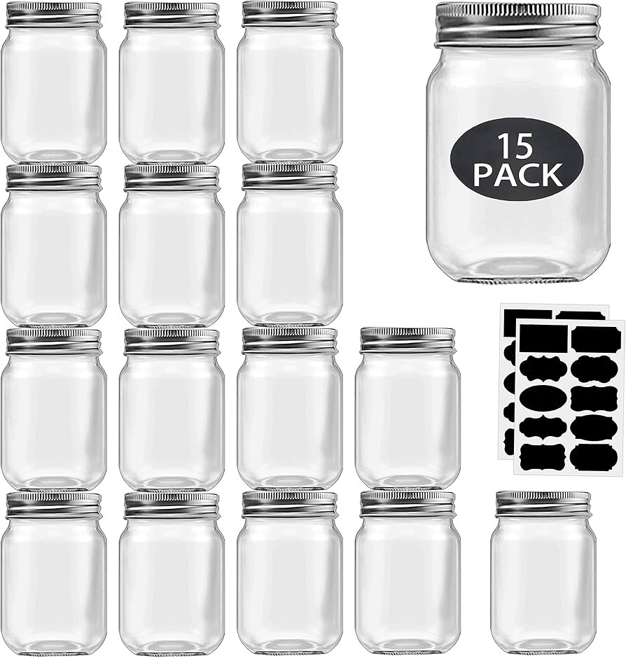 16 oz Mason Jars With Lids Regular Mouth 15 Pack-16 oz Glass Jars with Lids,Bulk Pint Clear Glass... | Amazon (US)