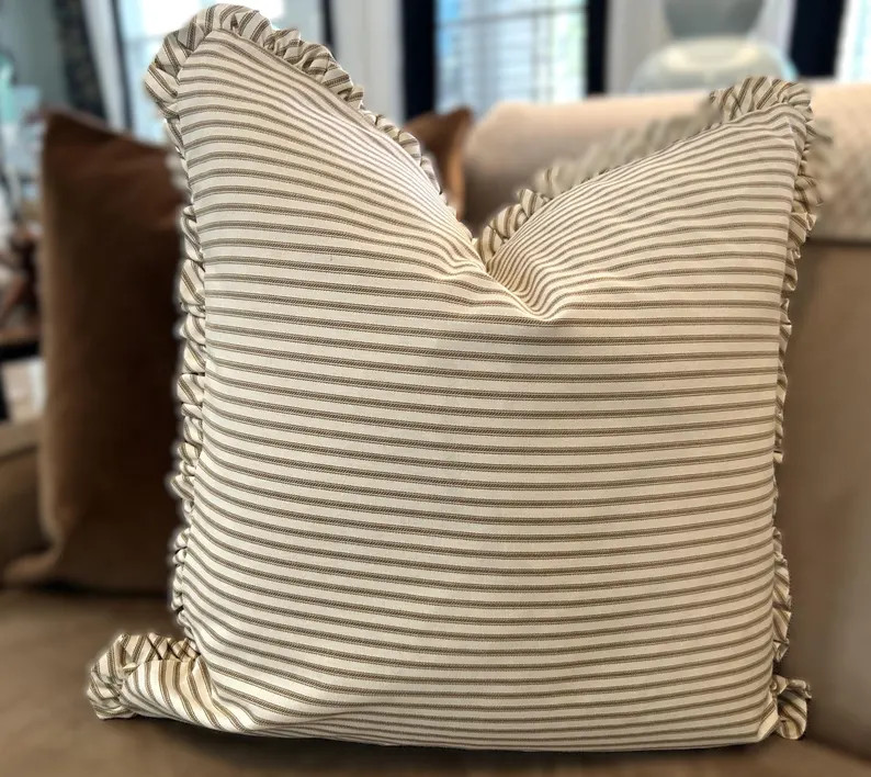 Brown, White Pinstripe Pillow Cover With Ruffles, 20" - Etsy | Etsy (Global)