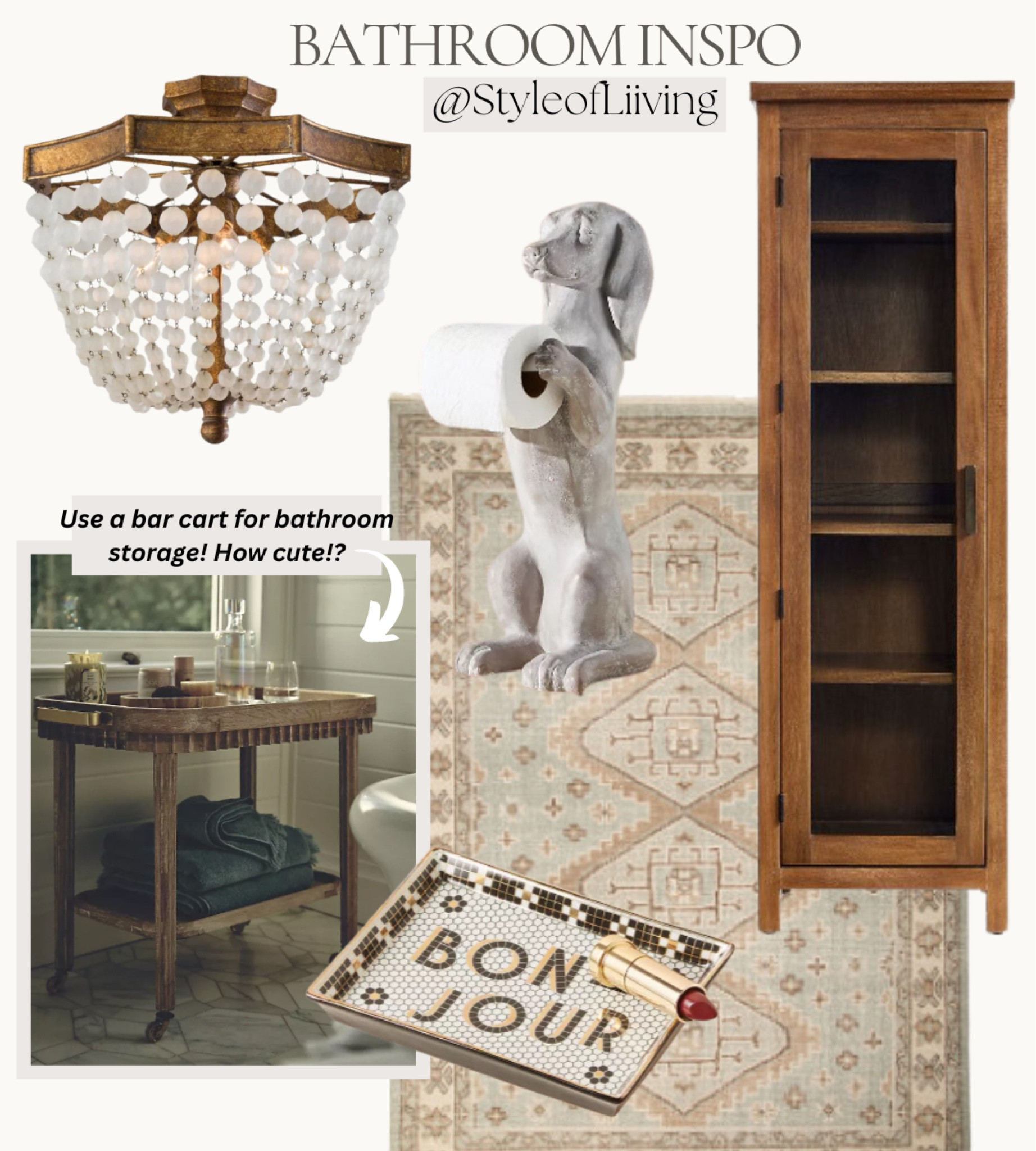 Bathroom inspiration! New home decor and furniture finds for bath storage and organization. Linen closet cabinet, area rug, toilet paper holder stand dog statue, bonjour tile tray, pendant chandelier vintage antique light fixture, bar cart, bath accessories.

#LTKHome #LTKFamily #LTKStyleTip