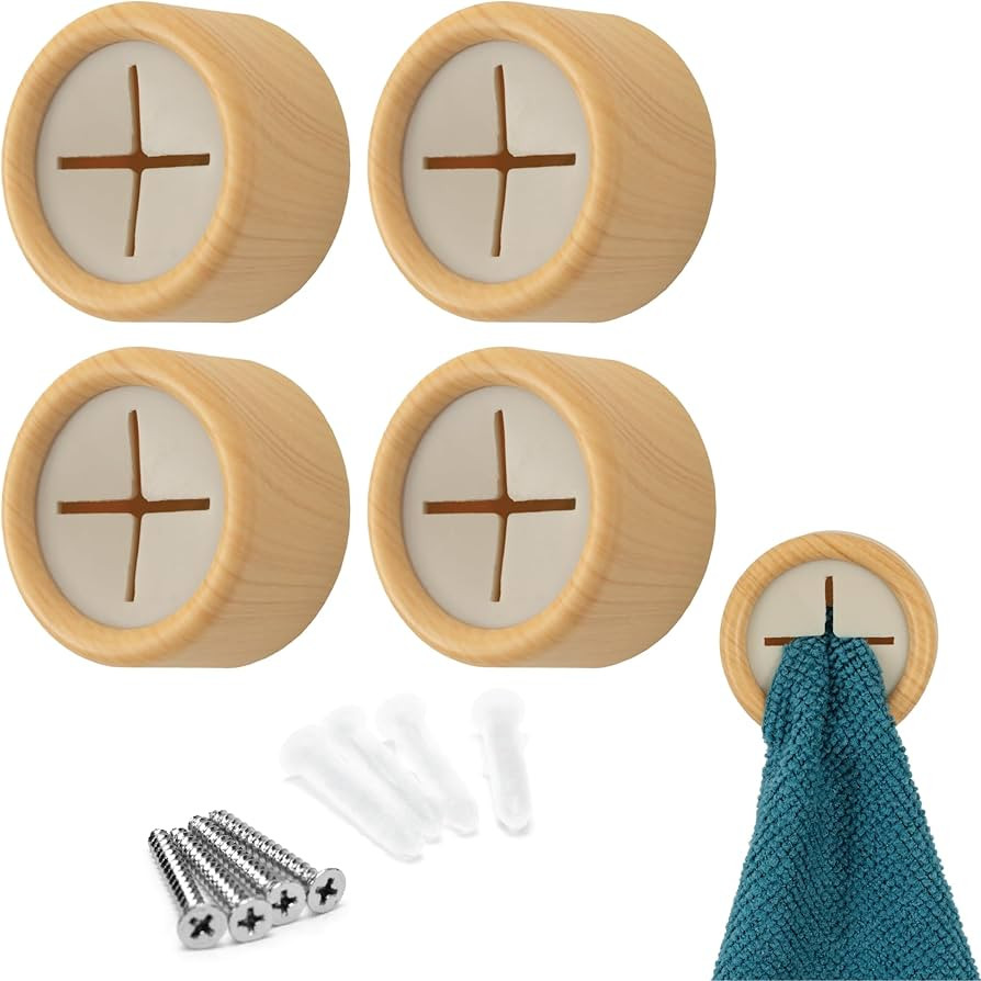 S&T INC. Round Adhesive Push Towel Hooks for Kitchen, Hand and Dish Towels, Plastic, Bamboo, 4 Pa... | Amazon (US)
