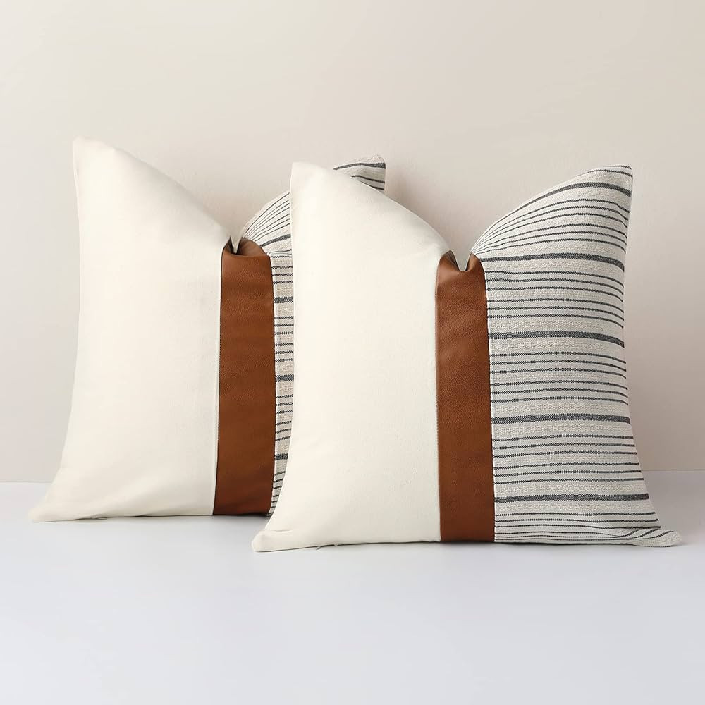 Throw Pillow Covers 18 x 18 Inch Farmhouse Pillow Covers,Cotton Tan Faux Leather Square Home Deco... | Amazon (CA)