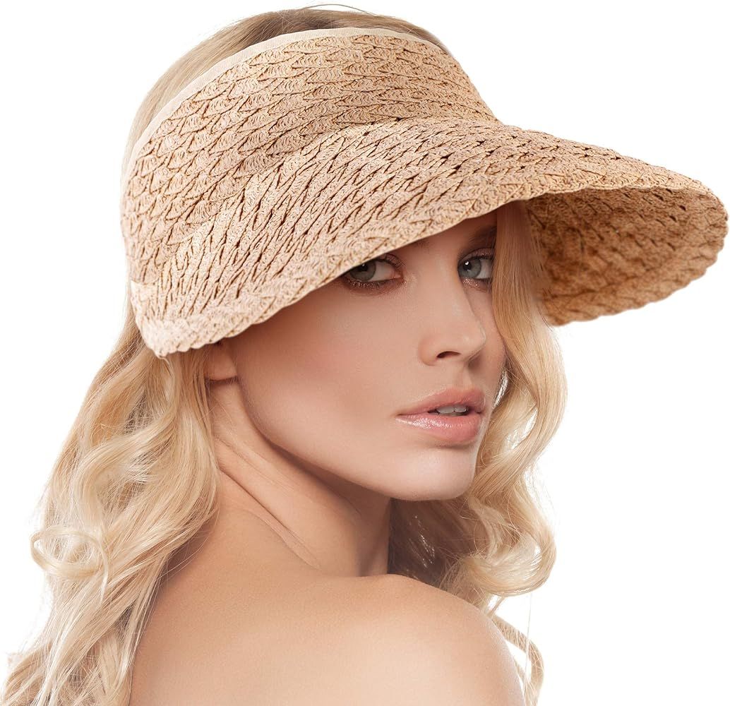 Women's Wide Brim Sun Hats Roll-up Foldable Straw Golf Visor Hat | Amazon (US)