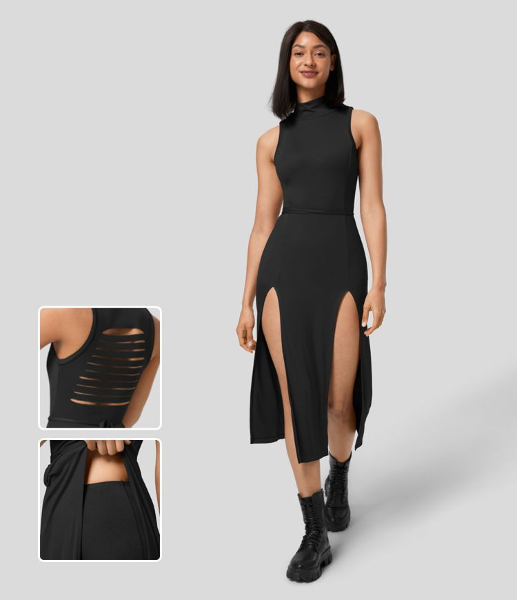 Women’s Ribbed Hooded High Neck Sleeveless Cut Out Tie Back Split 2-Piece Midi Casual Dress - H... | HALARA