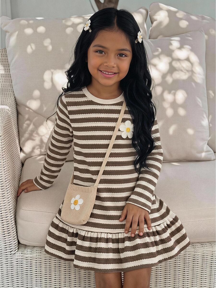 SHEIN Young Girl Young Girl Round Neck Coffee And White Striped Patchwork 3D Floral Decoration Casual Vacation Travel Long Sleeve Dress Fall Long Sleeve Tops Back To School Outfit | SHEIN