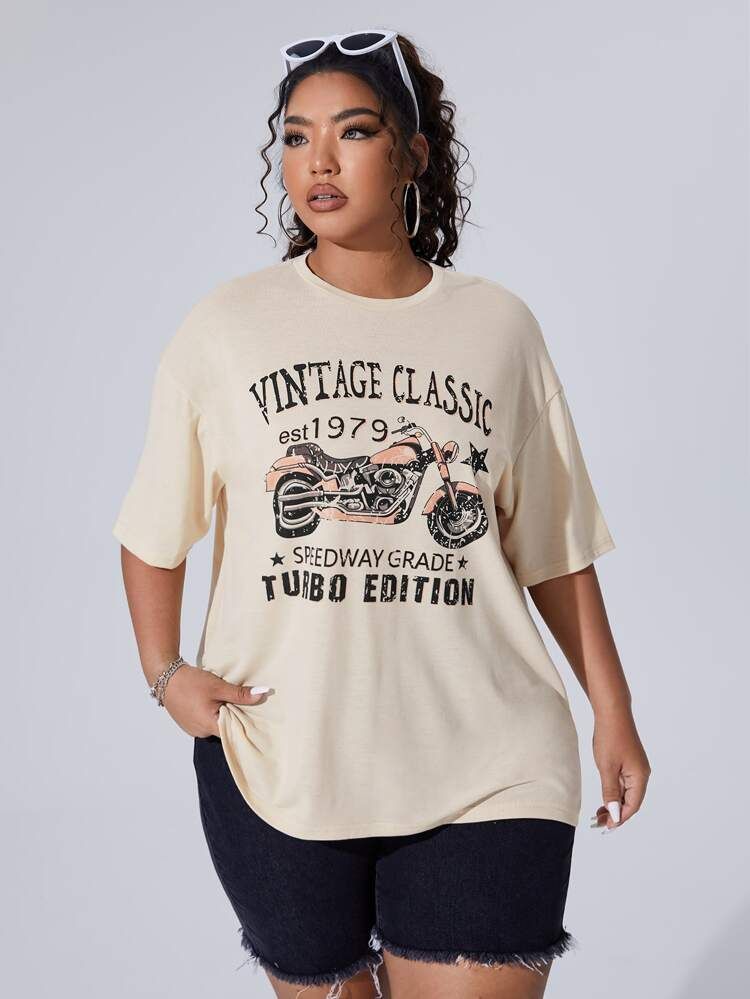 Plus Letter And Motorcycle Print Tee | SHEIN