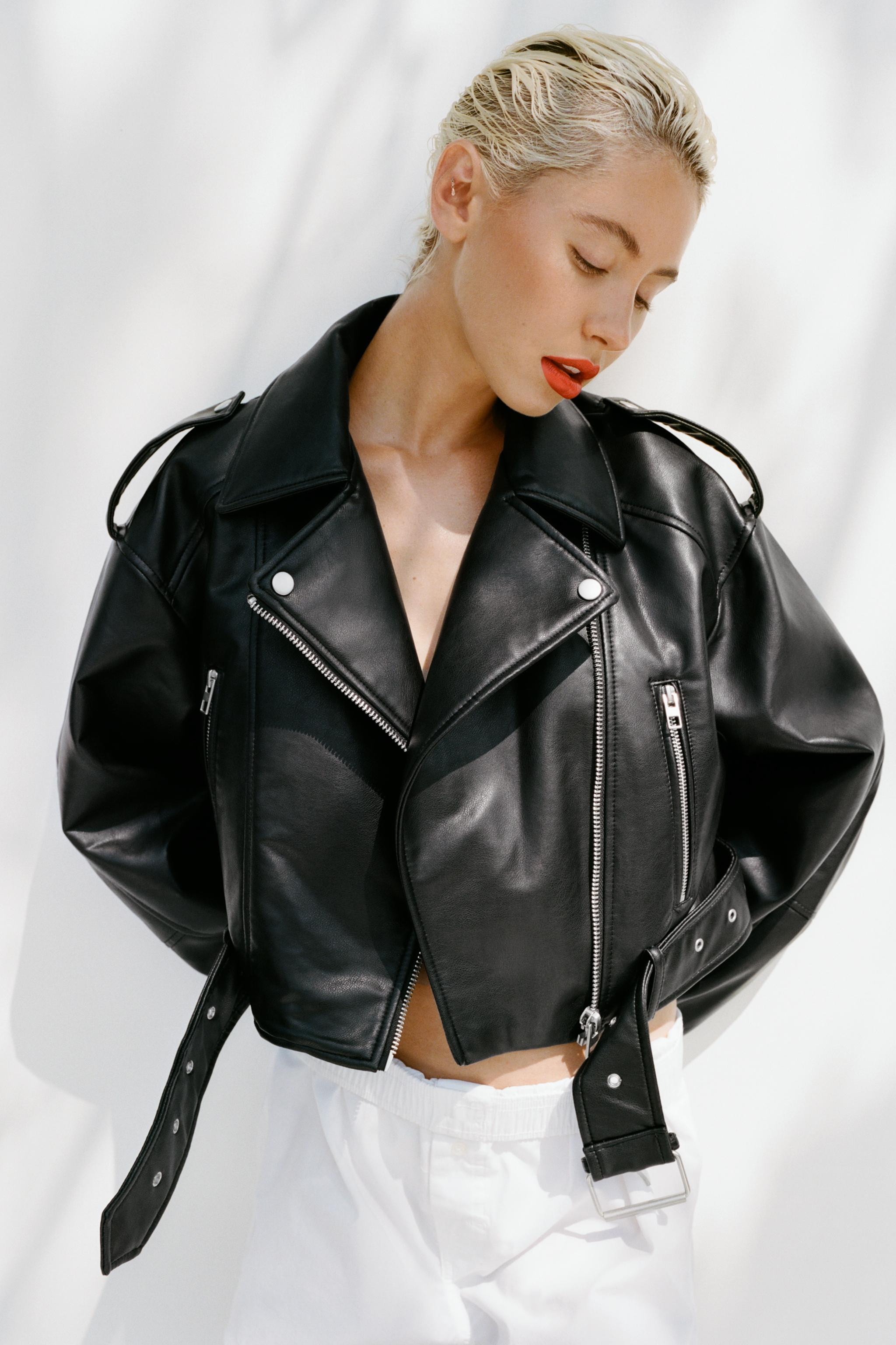LEATHER EFFECT CROPPED BIKER JACKET49.99 GBPBlack | 4749/816/800Put it in your basketAddLong slee... | Zara UK