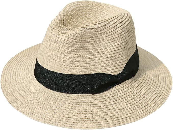 Lanzom Women Wide Brim Straw Panama Roll up Hat Fedora Beach Sun Hat UPF50+ | Amazon (US)