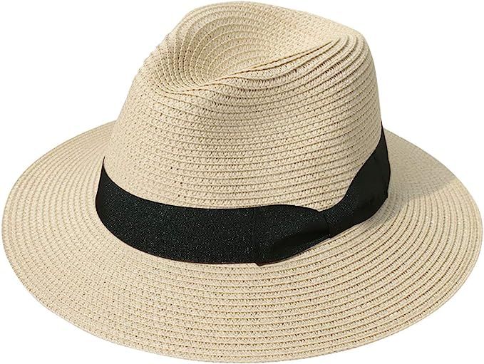 Lanzom Women Wide Brim Straw Panama Roll up Hat Fedora Beach Sun Hat UPF50+ | Amazon (US)