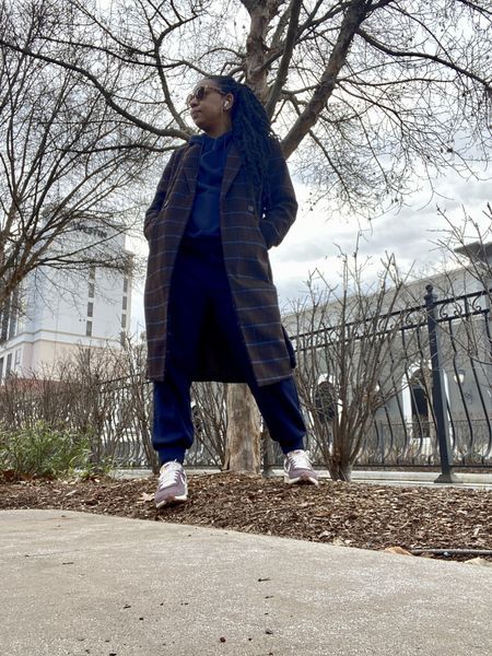 Hooded sweatsuit in navy + brown plaid coat and Nike waffles 

#LTKshoecrush #LTKstyletip #LTKSeasonal