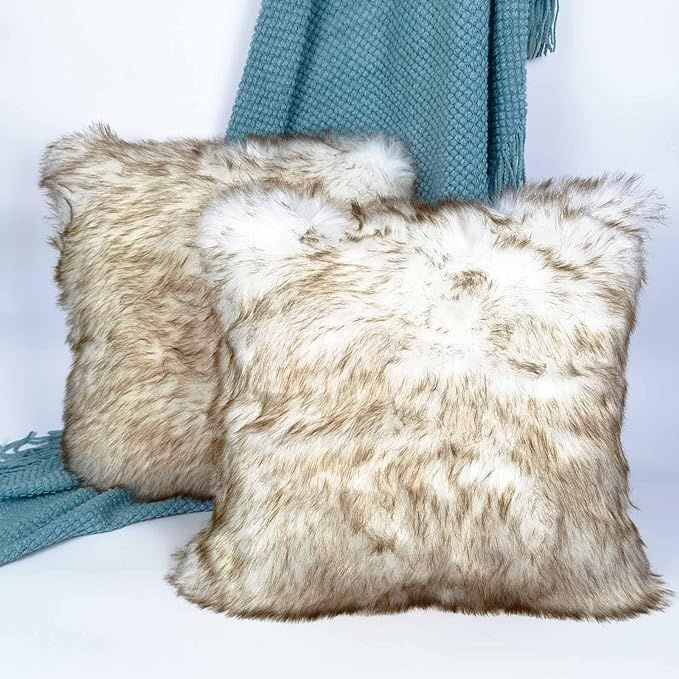 Hola Fiesta 2 Fluffy Throw Pillow Cover Covered by White and top Brown Long Hair for Couch Sofa B... | Amazon (US)