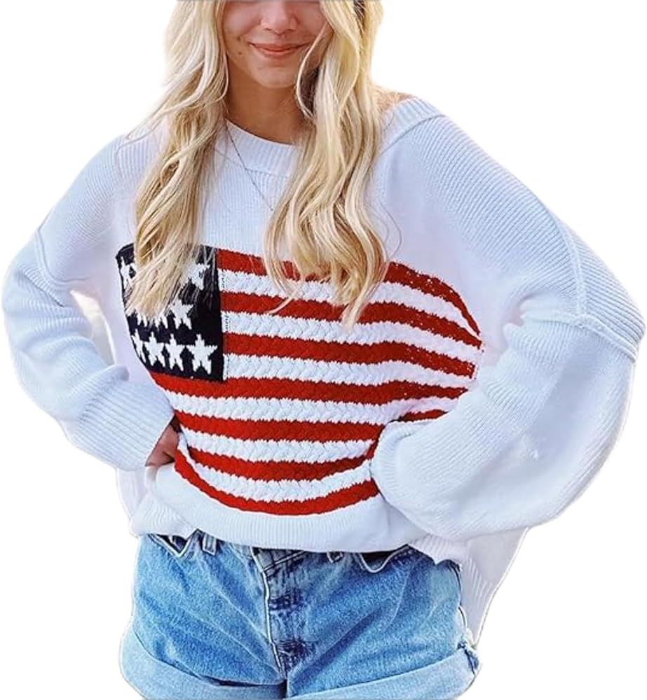 Women Vintage Loose Casual Sweater Long Sleeve Crew Neck USA Flag Print Knit Pullover Knitwear Fa... | Amazon (US)