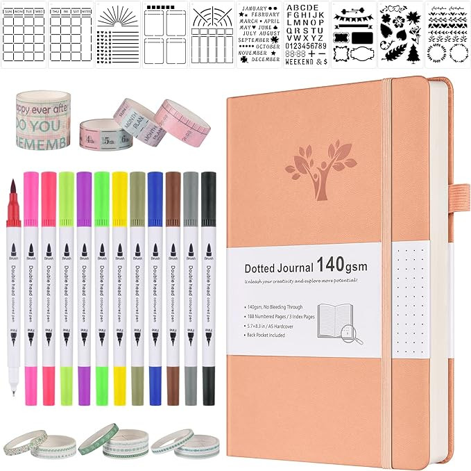 Bullet Dotted Journal Kit, 140gsm Hardcover A5 Dotted Journal with 188 Numbered Pages and 3 Index... | Amazon (US)