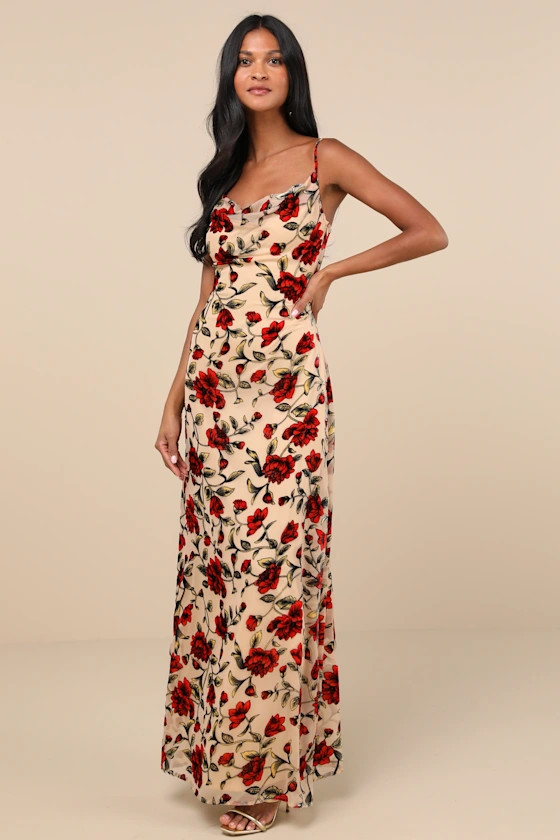 Romance in the Making Beige Floral Print Velvet Maxi Dress | Lulus