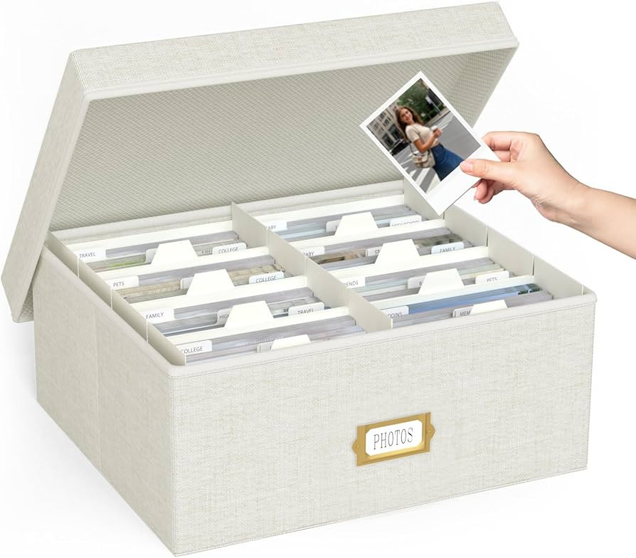 Decorative Photo Storage Box - Linen Photo Box Organizer with Dividers, Fits Holds Up to 1700 Pic... | Amazon (US)