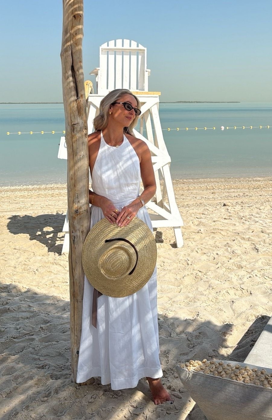 The perfect white holiday dress from Reformation 🤍 Maxi linen dress, halter neck, feminine silhouette.
Straw hat and luxury sunglasses. 

#LTKtravel #LTKluxury #LTKdresses