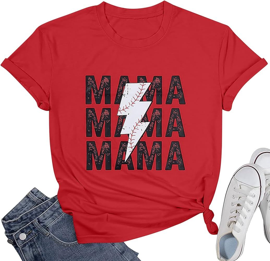 Baseball Mama Shirt Women Mom Life T-Shirts Mama Letter Printed Softball Short Sleeve Tee Tops | Amazon (US)