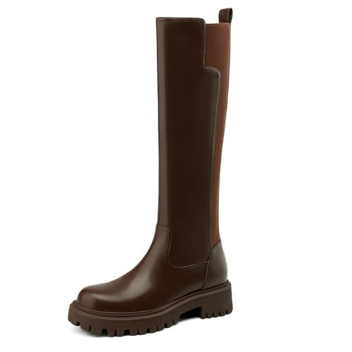 TEAIEUI Wide Calf Knee High Boots Chunky Platform Lug Sole Boots Stretch Knee-High Round Toe Riding Boots Women Elastic Tall Boots Brown 9.5 | Amazon (US)