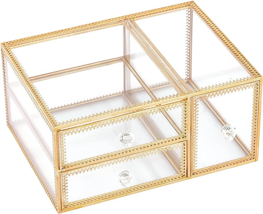 CUWMPL Golden Brass Vintage Clear Glass 3 Drawers Jewelry Box, Cosmetic Storage, 10.24"x7.09"x12.... | Amazon (US)