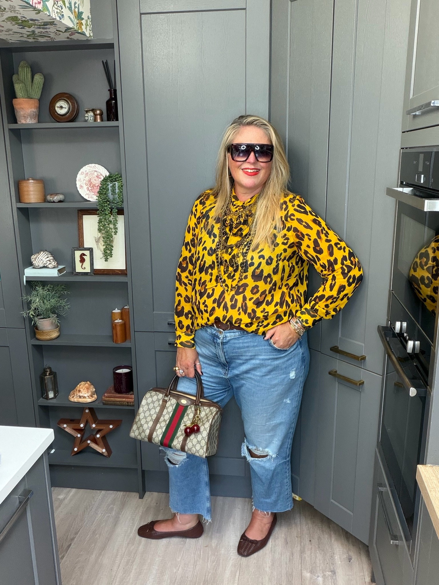 Yellow leopard top, ripped jeans, Gucci bag, brown pumps, sunglasses,

#LTKautumn #LTKplussize #LTKjeans